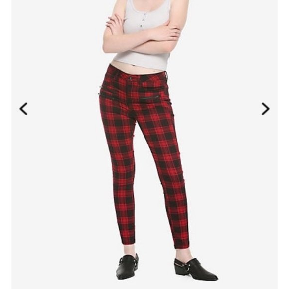 HT Denim Red Plaid HI-RISE Super Skinny Jeans, Hot Topic, NWOT, 3 - Picture 1 of 5
